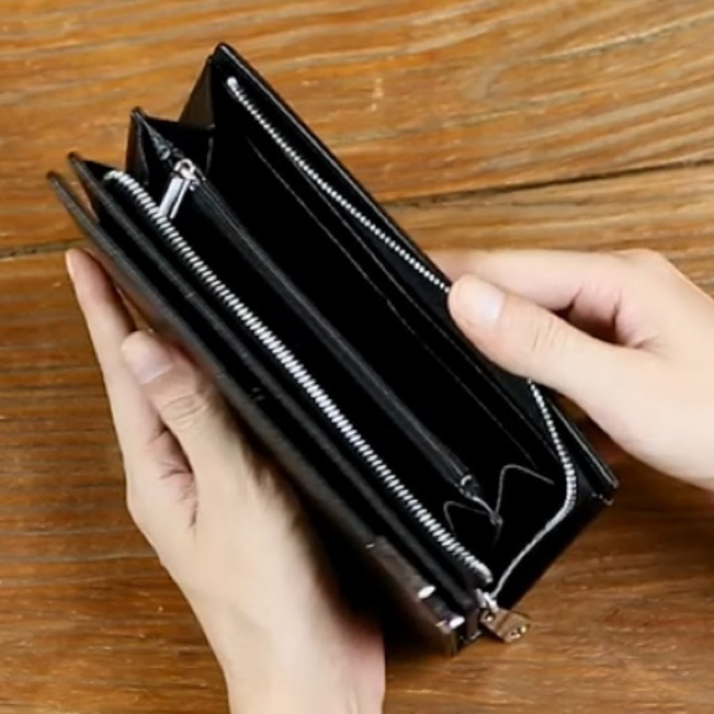New Long Black Leather Wallet for Men Zippered Leather Wallet RFID - Picture 2 of 12